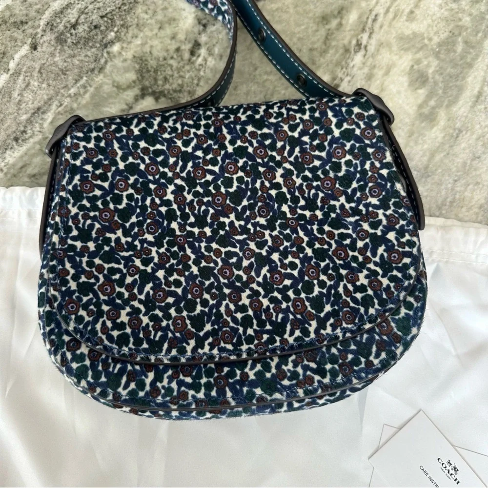 Coach Saddle 23 Blue and Pink floral calf hair crossbody Bag Rare NWT